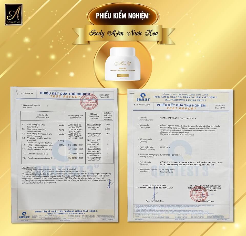 Phiếu kết quả thử nghiệm của Kem Body Mềm A Cosmetic