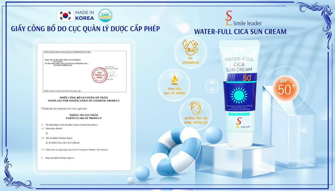 Giấy công bố quản lý của kem chống nắng Smile Water