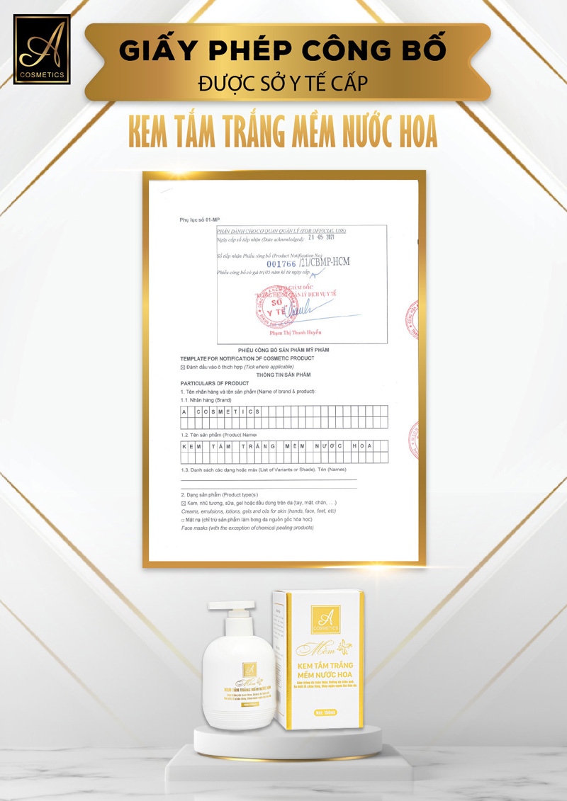 Giấy phép công bố của Tắm Trắng Nước Hoa A cosmetics