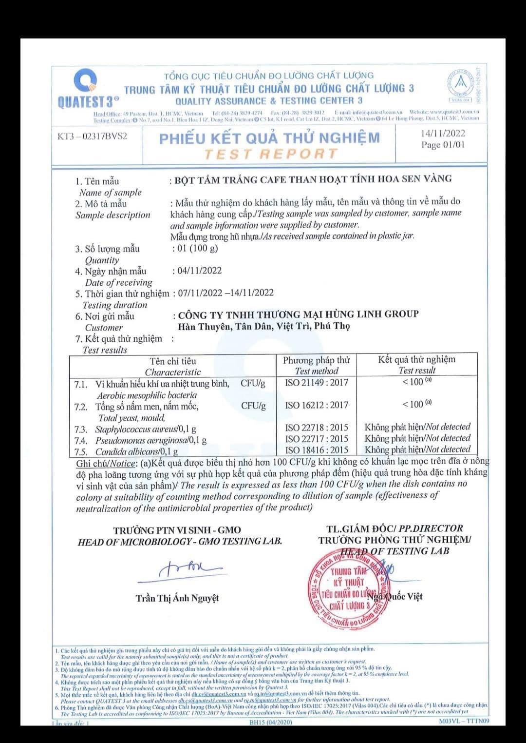 Phiếu kiểm nghiệm kết quả