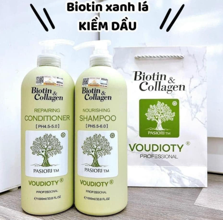 Dầu gội và xả Biotin Collagen màu xanh lá