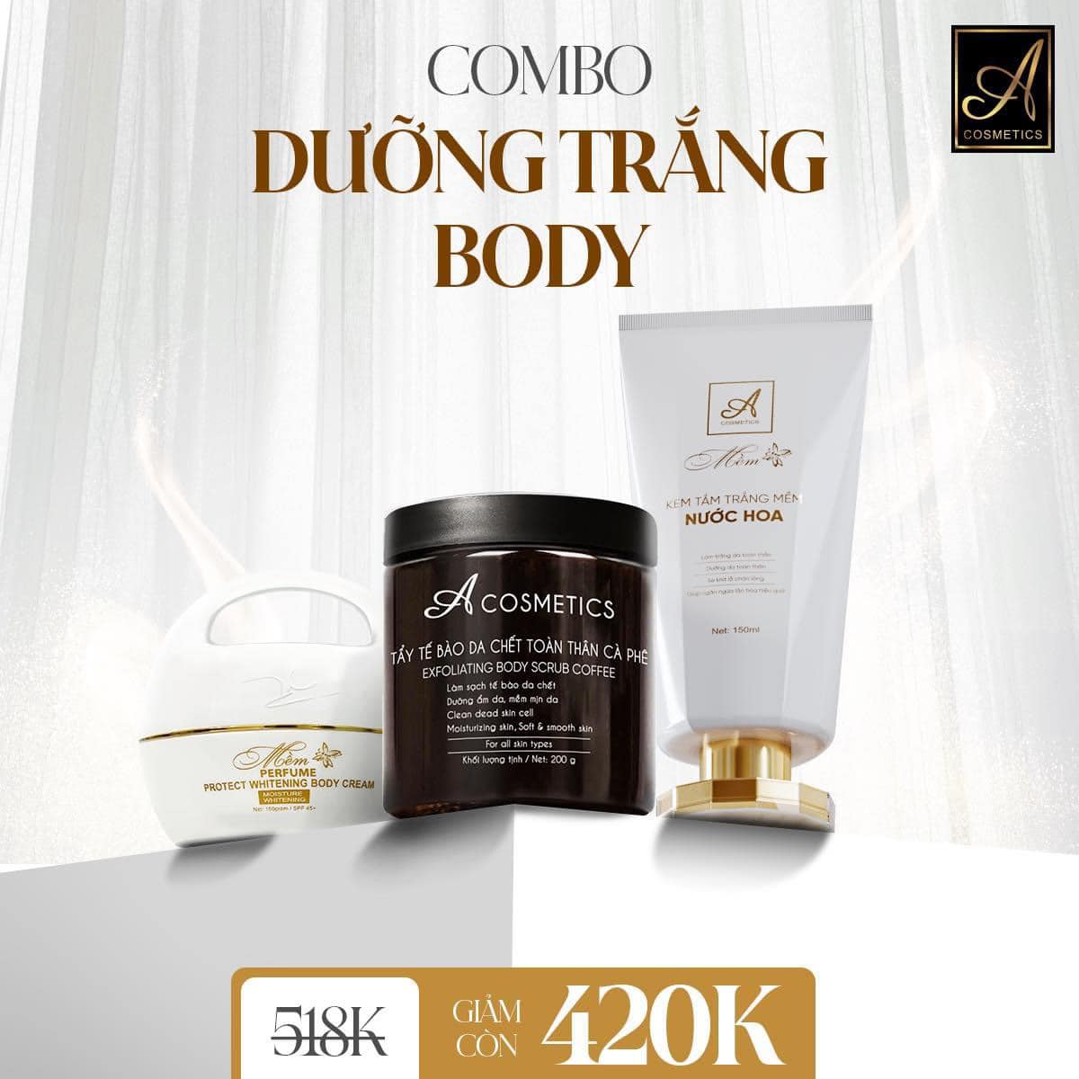 Combo Dưỡng Trắng Body A Cosmetics - Dưỡng Trắng Da Toàn Thân, Cấp Ẩm Hiệu Quả