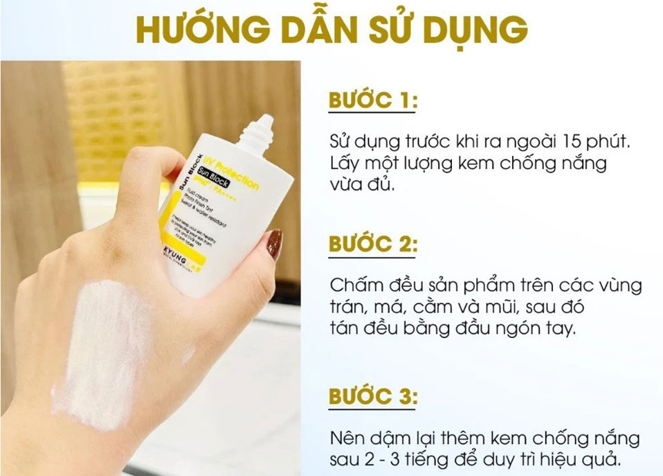 Thoa kem chống nắng bảo vệ da kyunglab lên mặt, cổ và ngực trước khi ra nắng và thường xuyên lặp lại